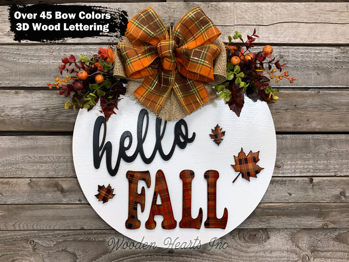 HELLO FALL Door hanger Wreath Wood Round Sign 16" 3D Wood Lettering + Cutout Leaves
