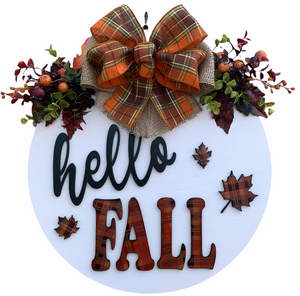 HELLO FALL Door hanger Wreath Wood Round Sign 16" 3D Wood Lettering + Cutout Leaves - Wooden Hearts Inc