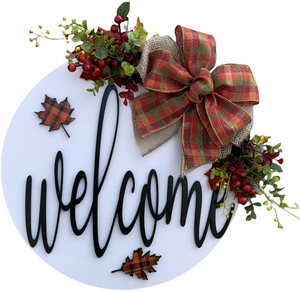 WELCOME Fall Door hanger Wreath Wood Round Sign 16" 3D Wood Lettering + Cutout Leaves - Wooden Hearts Inc