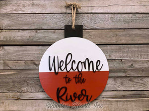 Sign Fishing Decor Man BOBBER Welcome Door Hanger Cabin Lake River Hello Wall Outdoor Retirement - Wooden Hearts Inc