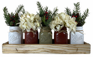 CHRISTMAS HOLIDAY Large Tray Centerpiece + 5 Pint Jars (Florals / Flowers optional) Ball Mason - Wooden Hearts Inc