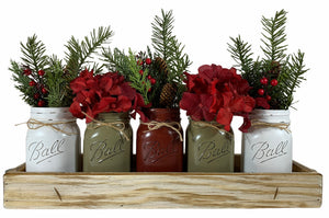 CHRISTMAS HOLIDAY Large Tray Centerpiece + 5 Pint Jars (Florals / Flowers optional) Ball Mason - Wooden Hearts Inc