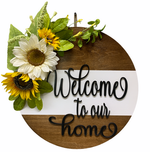 Sunflower 16" Round Door Sign, Walnut + White Stripe *Welcome to our home - Wooden Hearts Inc