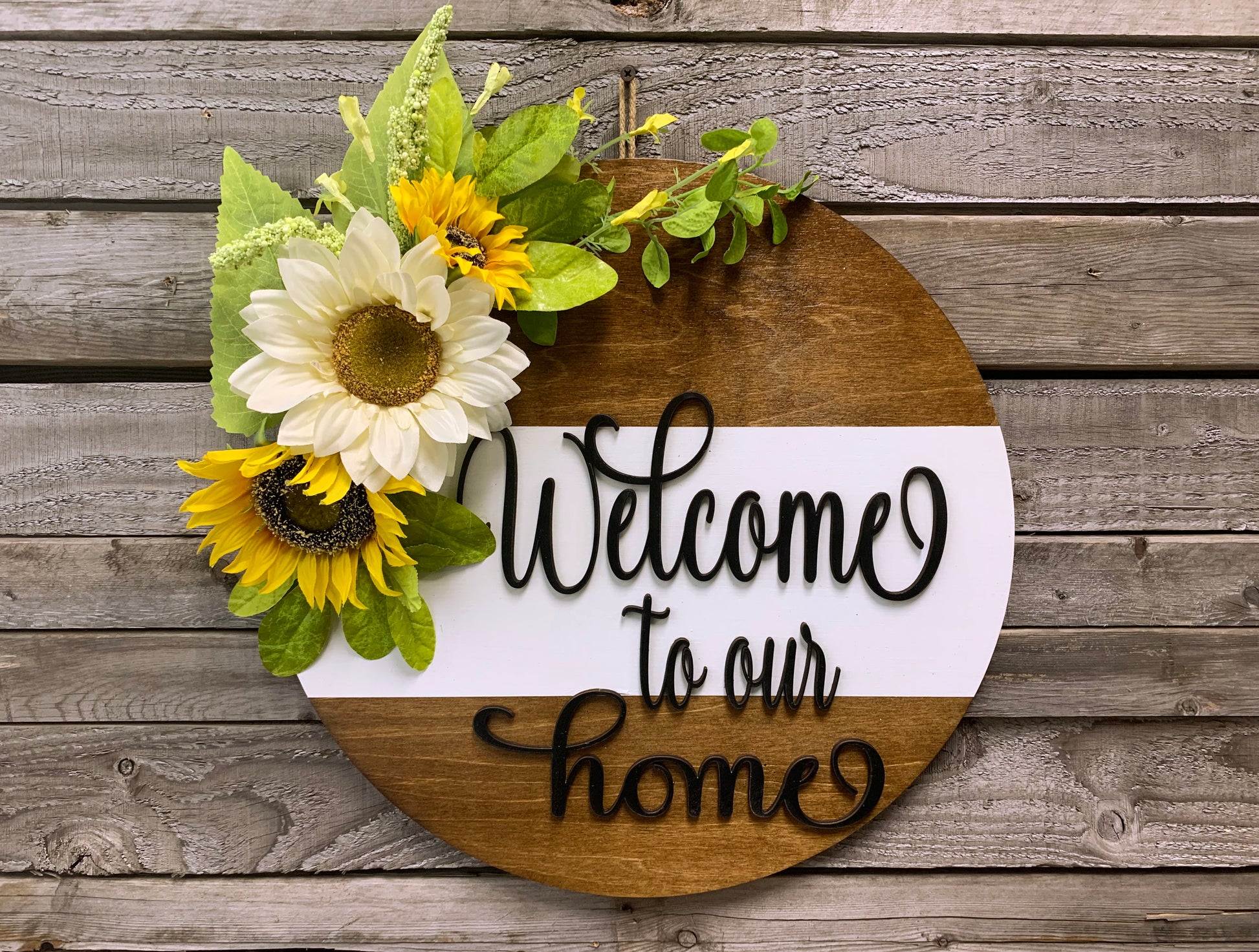 Sunflower 16" Round Door Sign, Walnut + White Stripe *Welcome to our home - Wooden Hearts Inc