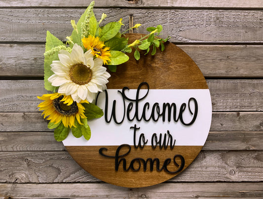 Sunflower 16" Round Door Sign, Walnut + White Stripe *Welcome to our home - Wooden Hearts Inc