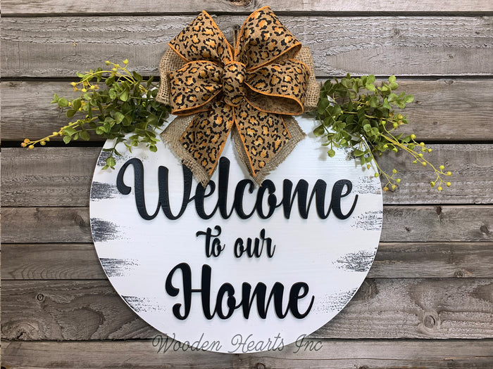 Leopard Welcome to our Home Door Hanger Wreath 16" Round Sign