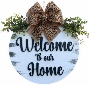 Leopard Welcome to our Home Door Hanger Wreath 16" Round Sign - Wooden Hearts Inc