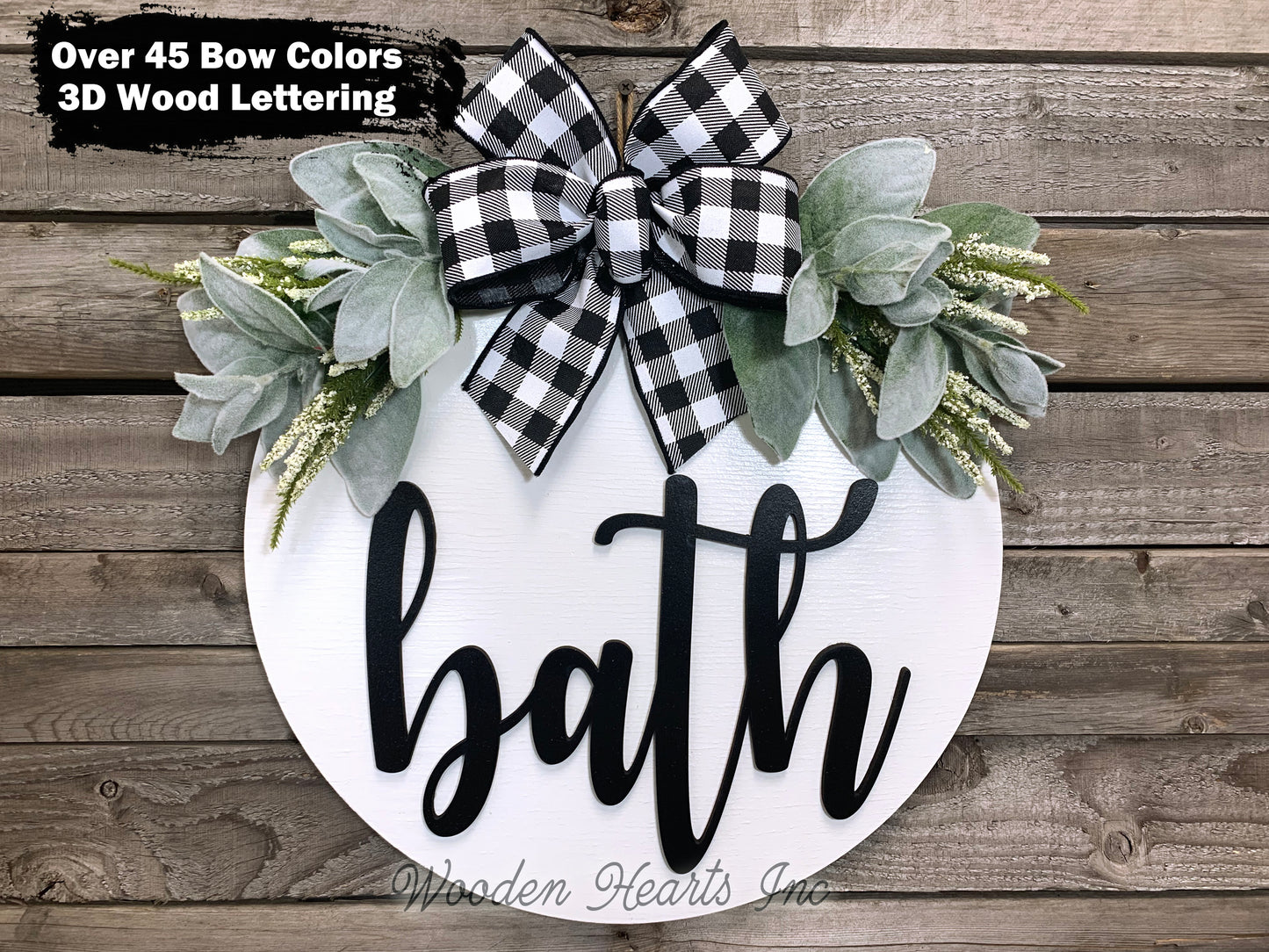 Bathroom Wall Decor BATH 16" Round Sign Spring Wreath + LAMBS EAR GREENERY Door Decoration - Wooden Hearts Inc