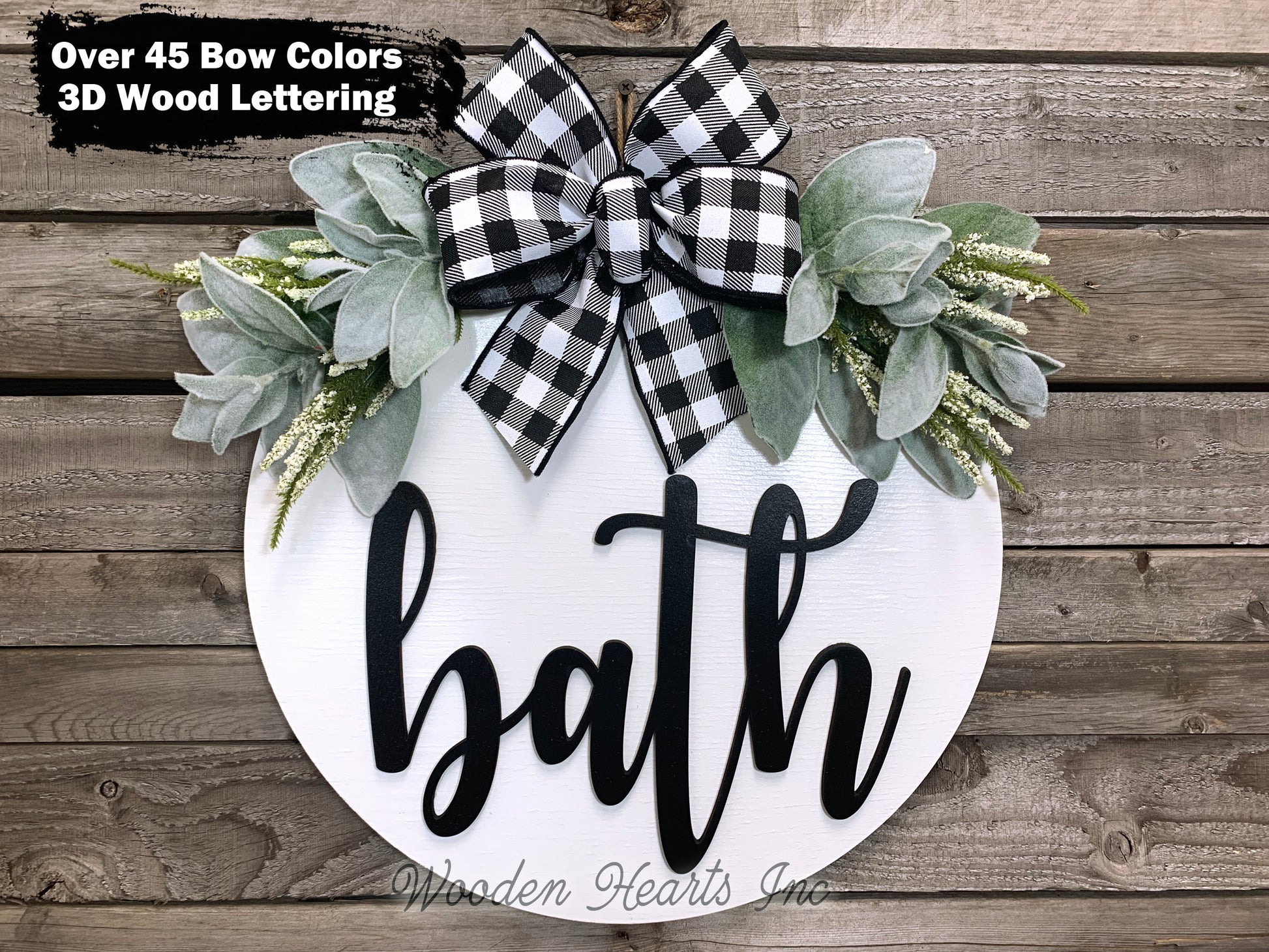 Bathroom Wall Decor BATH 16" Round Sign Spring Wreath + LAMBS EAR GREENERY Door Decoration - Wooden Hearts Inc