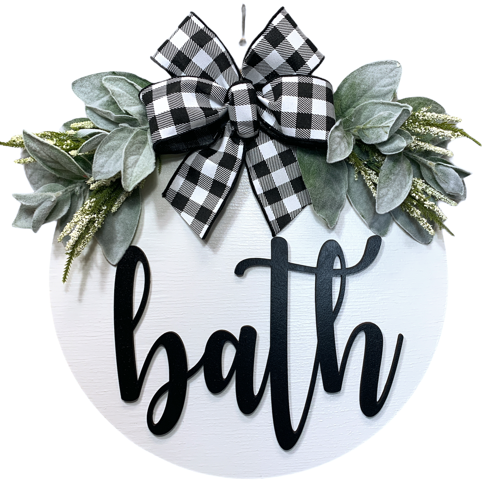 Bathroom Wall Decor BATH 16" Round Sign Spring Wreath + LAMBS EAR GREENERY Door Decoration - Wooden Hearts Inc