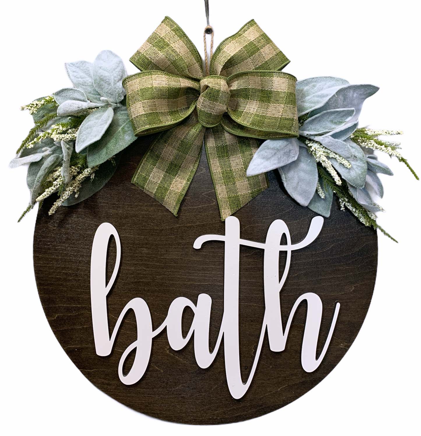 Bathroom Wall Decor BATH 16" Round Sign Spring Wreath + LAMBS EAR GREENERY Door Decoration - Wooden Hearts Inc