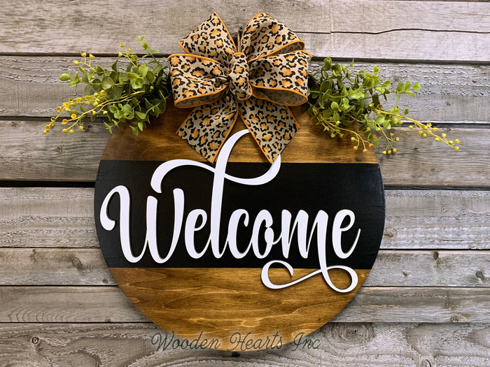 Leopard Hello or Welcome Door Hanger with STRIPE Wreath 16" Everyday All year Round Sign