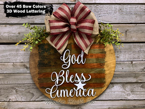 FLAG Door Hanger, God Bless America, USA Wreath 16" Everyday All year Round Sign - Wooden Hearts Inc