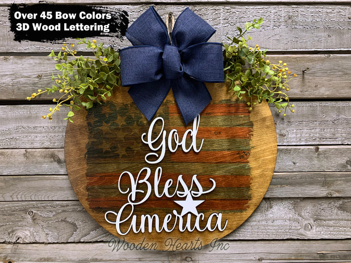 FLAG Door Hanger, God Bless America, USA Wreath 16" Everyday All year Round Sign