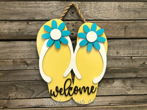 FLIP FLOP SIGN "Welcome" or "Lake Life" Wood Wall Sign, Beach House Decor Ocean Blue Yellow - Wooden Hearts Inc