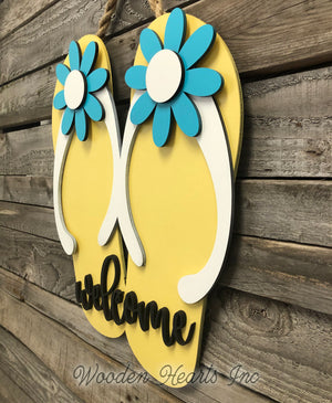 FLIP FLOP SIGN "Welcome" or "Lake Life" Wood Wall Sign, Beach House Decor Ocean Blue Yellow - Wooden Hearts Inc