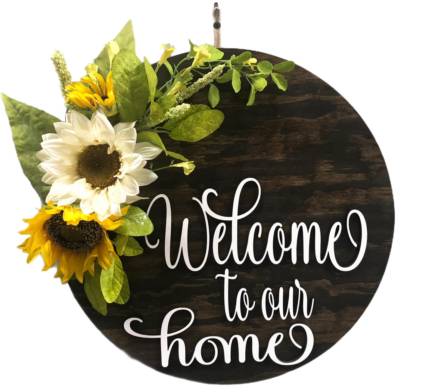 Sunflower 16" Round Door Sign,  Welcome to our home - Wooden Hearts Inc