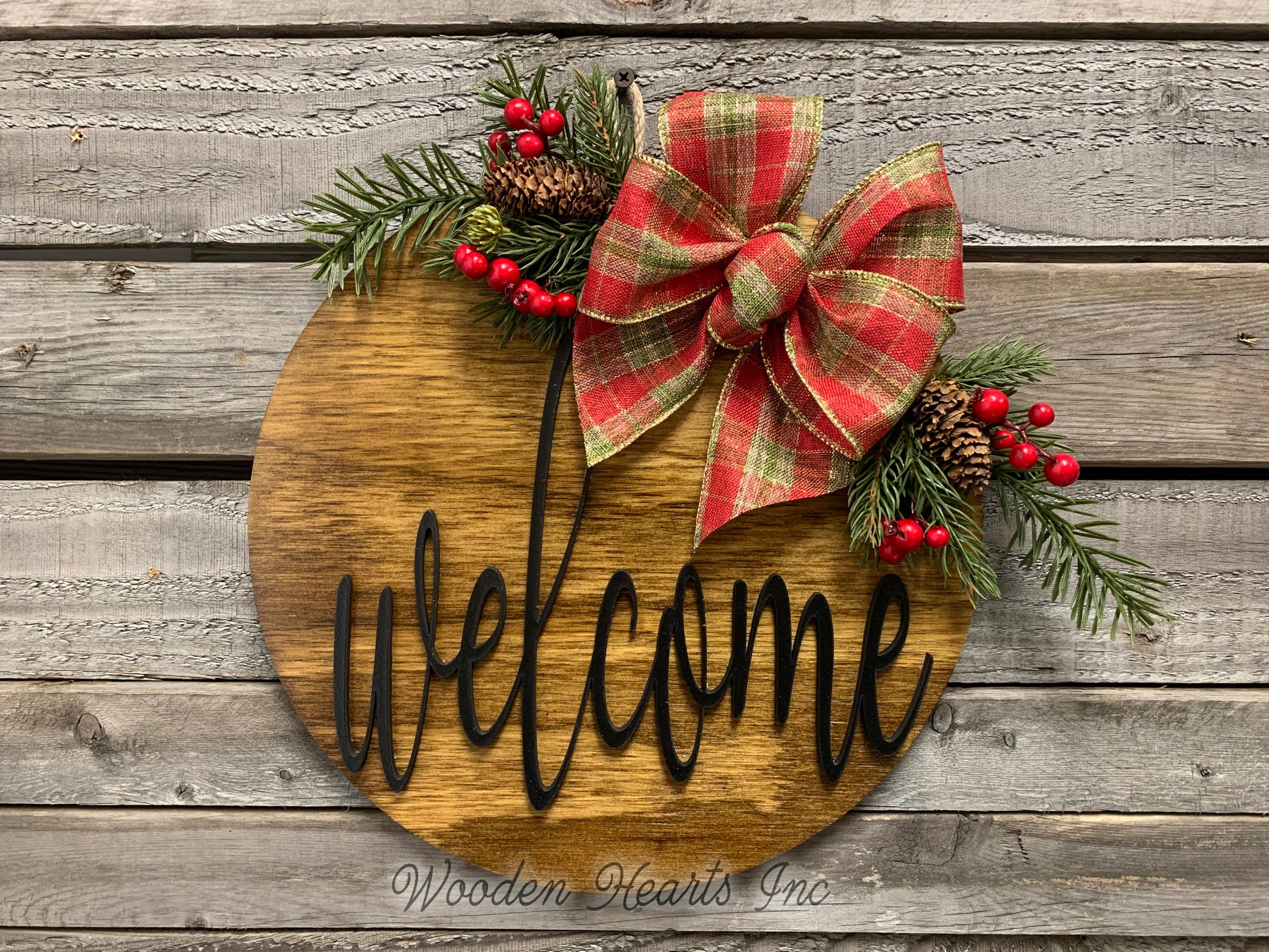 Christmas Door Hanger Welcome or Hello Wreath with Pine Berries Greenery and Bow 12" Round Sign - Wooden Hearts Inc
