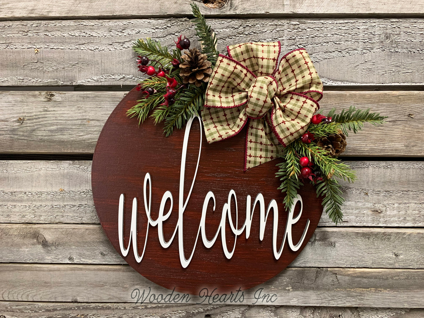 Christmas Door Hanger Welcome or Hello Wreath with Pine Berries Greenery and Bow 12" Round Sign - Wooden Hearts Inc