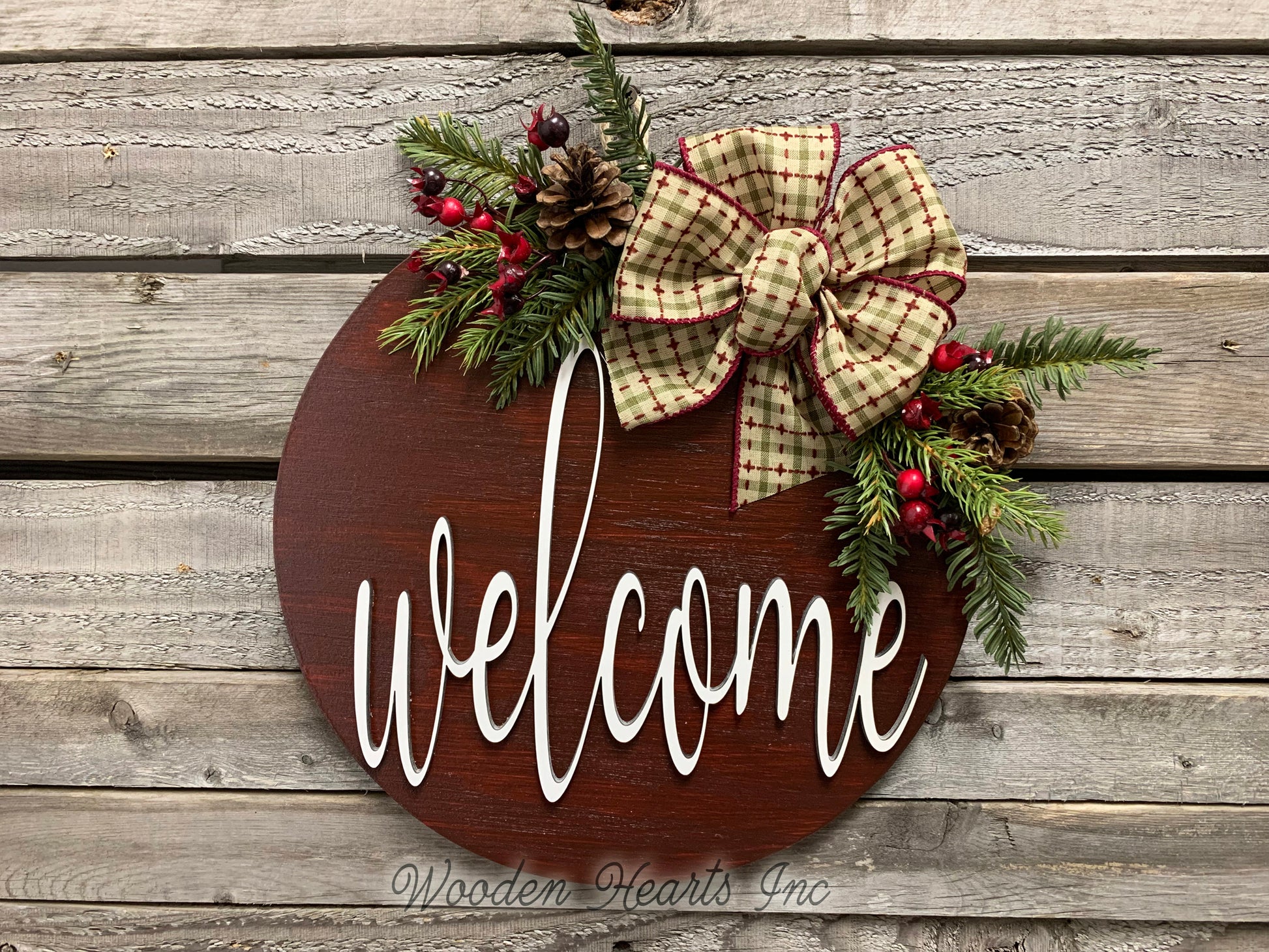 Christmas Door Hanger Welcome or Hello Wreath with Pine Berries Greenery and Bow 12" Round Sign - Wooden Hearts Inc