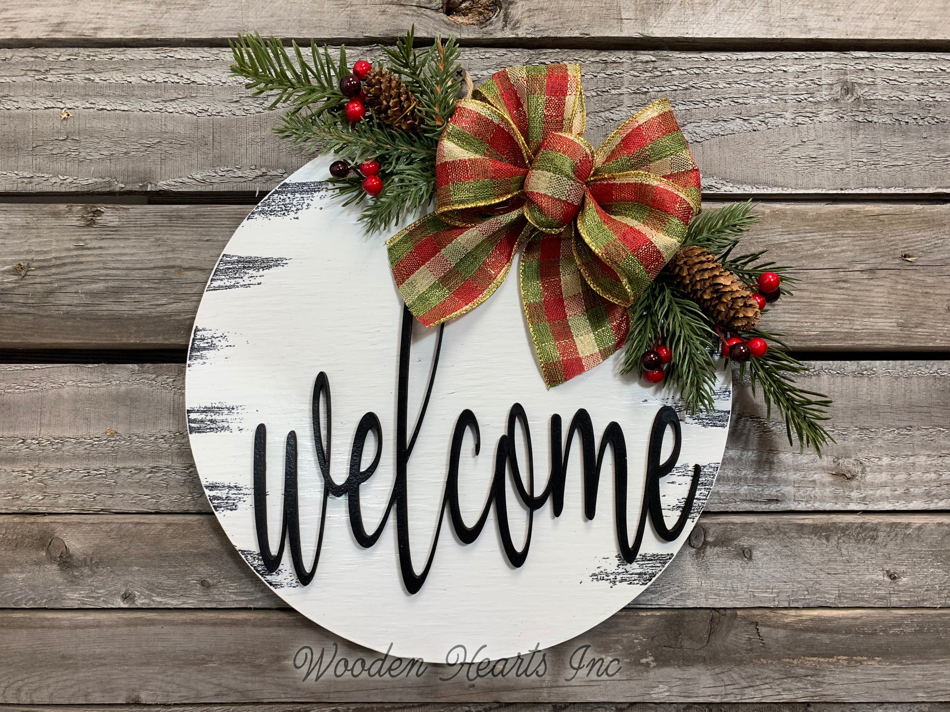Christmas Door Hanger Welcome or Hello Wreath with Pine Berries Greenery and Bow 12" Round Sign - Wooden Hearts Inc