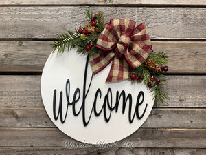 Christmas Door Hanger Welcome or Hello Wreath with Pine Berries Greenery and Bow 12" Round Sign - Wooden Hearts Inc