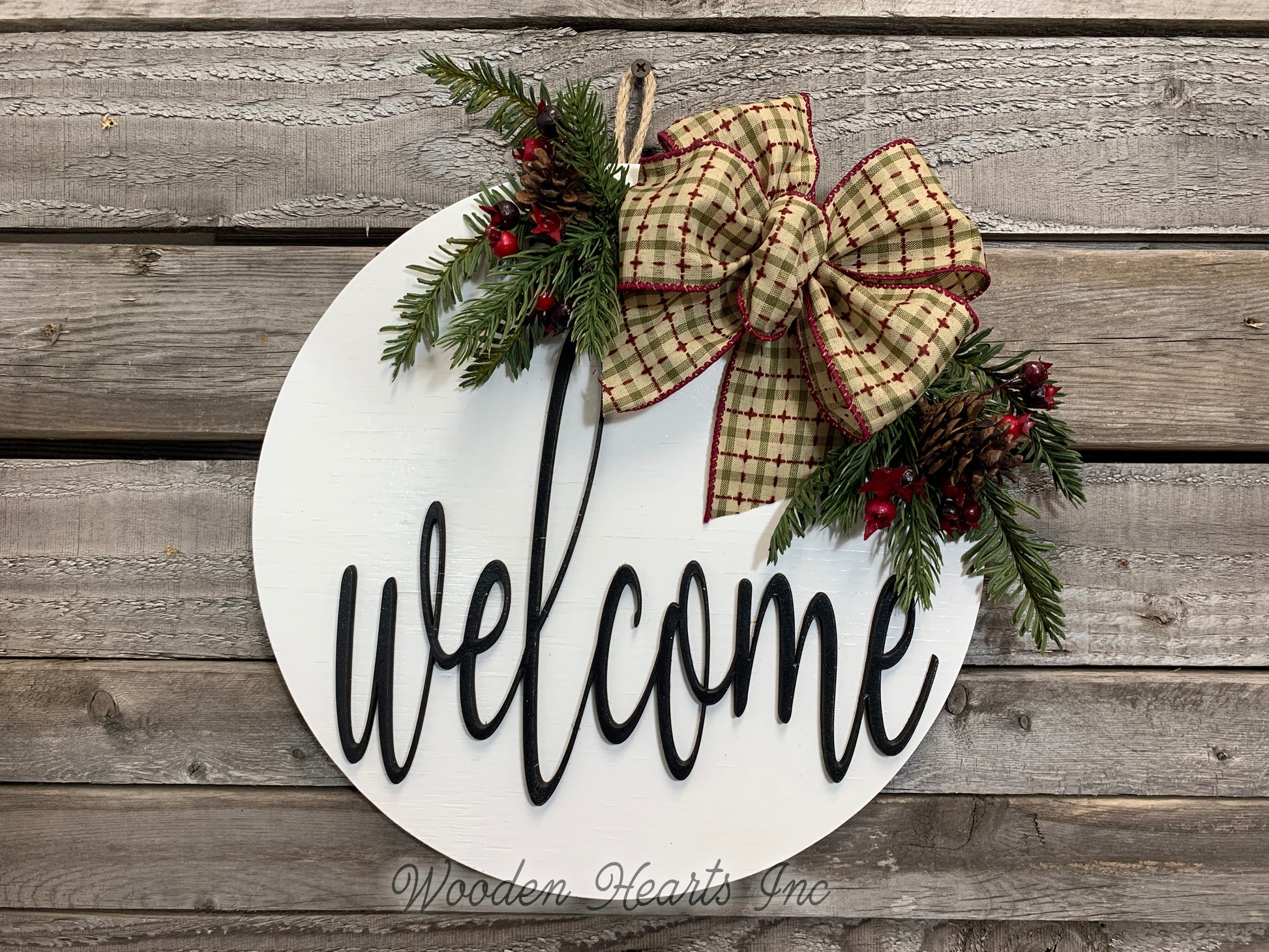 Christmas Door Hanger Welcome or Hello Wreath with Pine Berries Greenery and Bow 12" Round Sign - Wooden Hearts Inc