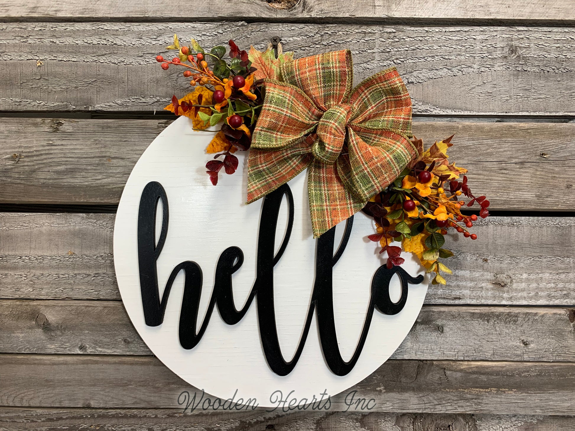 FALL Door hanger Wreath WELCOME or HELLO Wood Round Sign 12" 3D Wood Lettering Bow Leaves Distressed - Wooden Hearts Inc