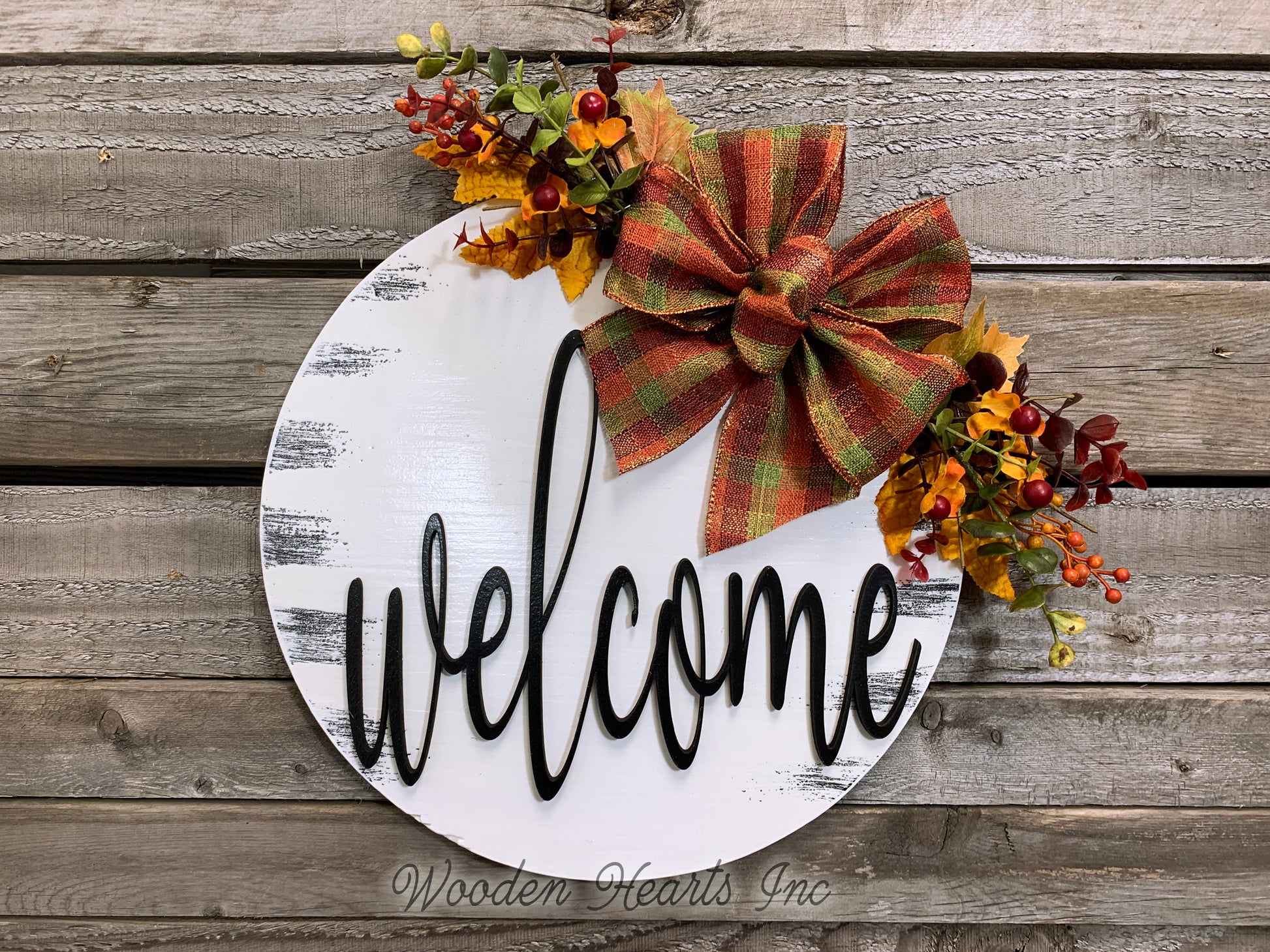 FALL Door hanger Wreath WELCOME or HELLO Wood Round Sign 12" 3D Wood Lettering Bow Leaves Distressed - Wooden Hearts Inc