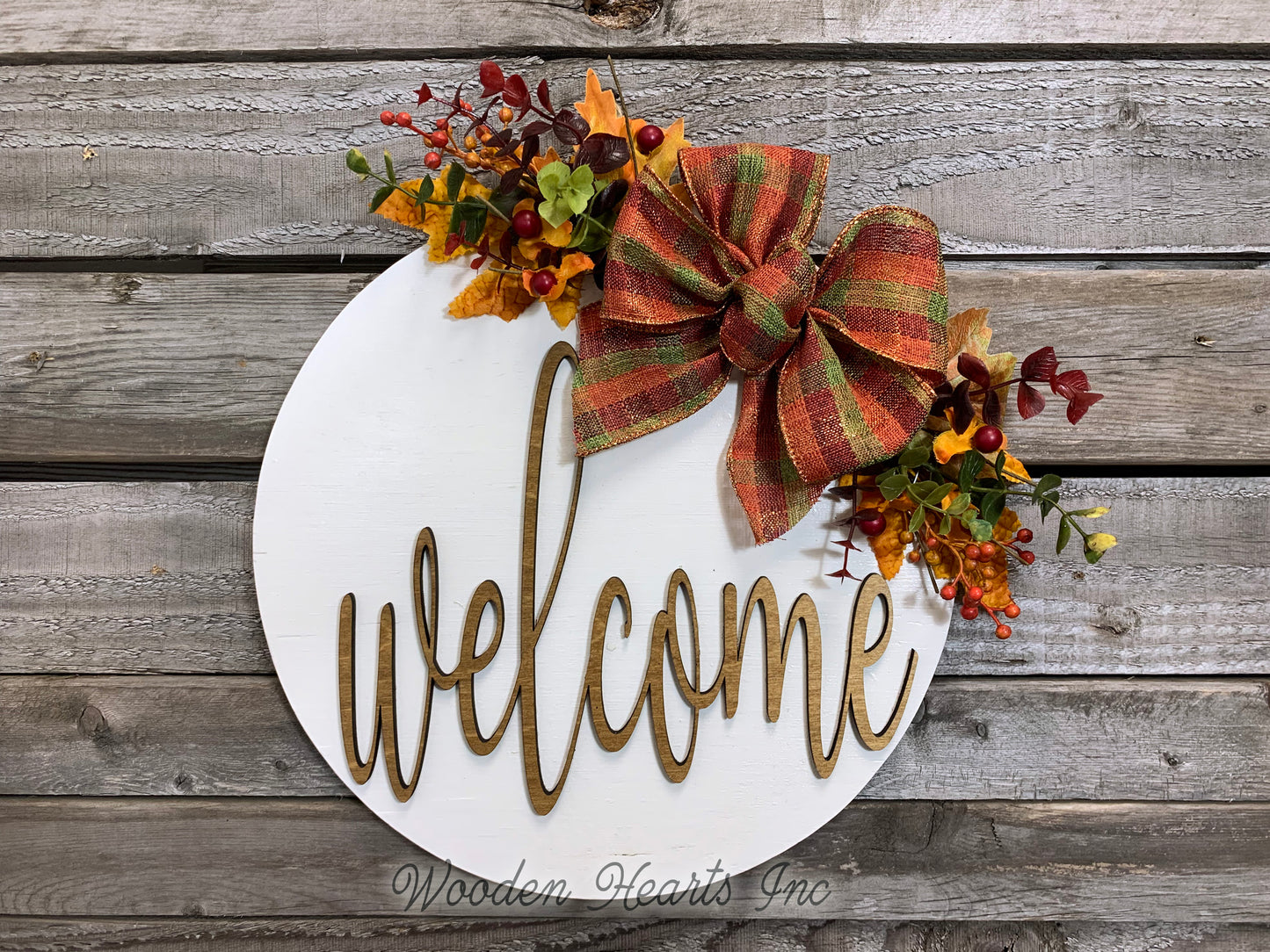 FALL Door hanger Wreath WELCOME or HELLO Wood Round Sign 12" 3D Wood Lettering Bow Leaves Distressed - Wooden Hearts Inc