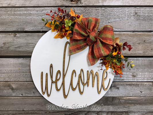FALL Door hanger Wreath WELCOME or HELLO Wood Round Sign 12" 3D Wood Lettering Bow Leaves Distressed - Wooden Hearts Inc
