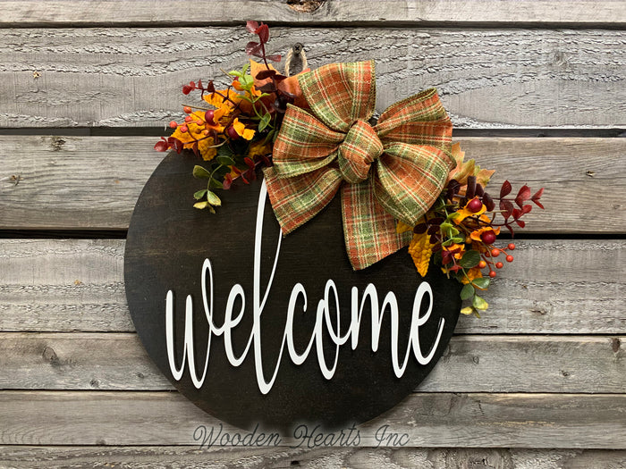 FALL Door hanger Wreath WELCOME or HELLO Wood Round Sign 12" 3D Wood Lettering Bow Leaves Distressed