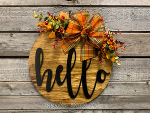 FALL Door hanger Wreath WELCOME or HELLO Wood Round Sign 12" 3D Wood Lettering Bow Leaves Distressed - Wooden Hearts Inc