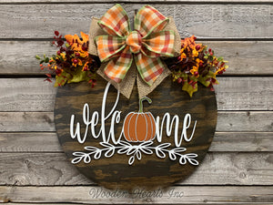 FALL Door hanger Wreath WELCOME Pumpkin Wood Round Sign 16" 3D Wood Lettering Bow  Leaves - Wooden Hearts Inc