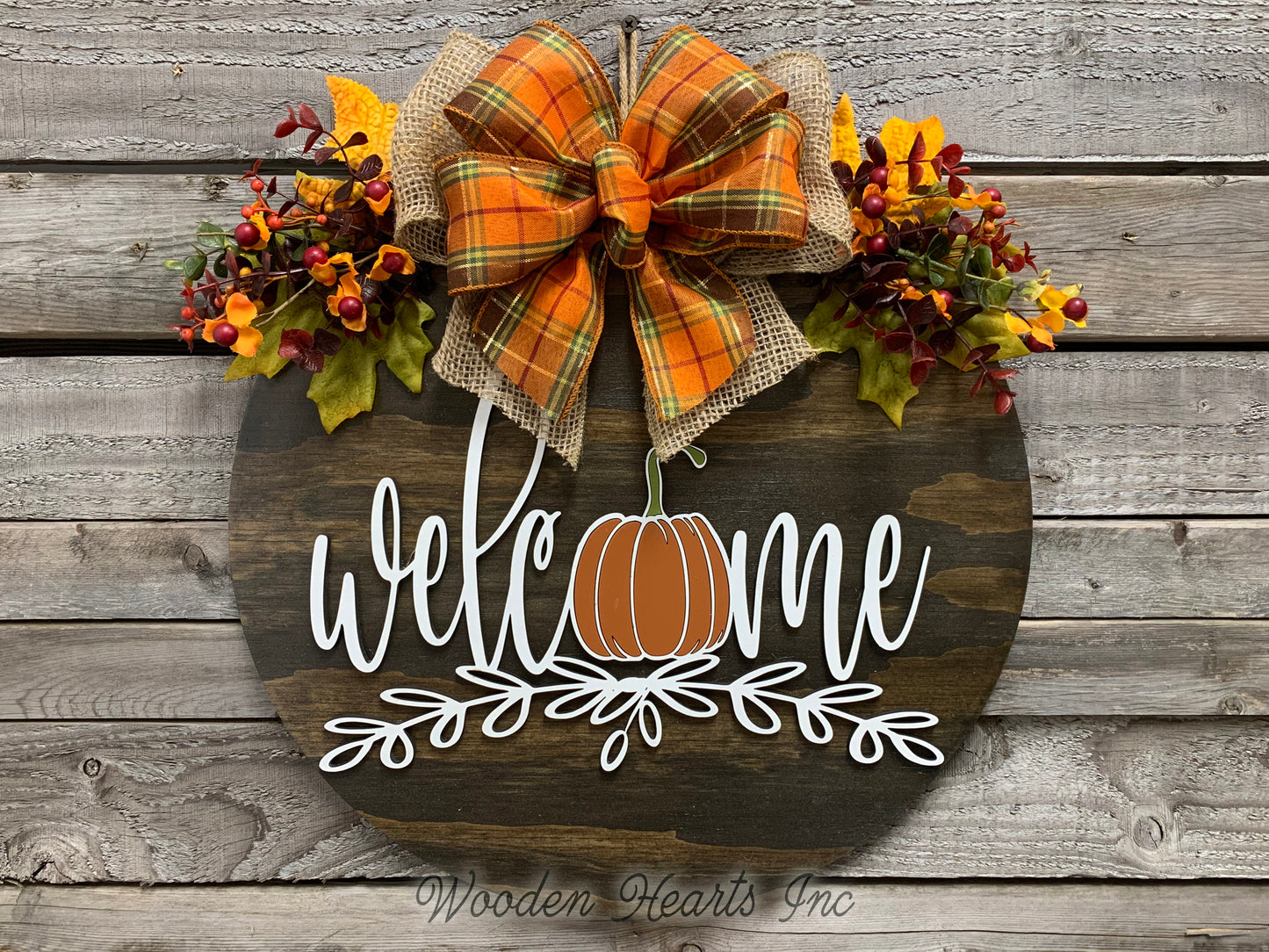 FALL Door hanger Wreath WELCOME Pumpkin Wood Round Sign 16" 3D Wood Lettering Bow  Leaves - Wooden Hearts Inc