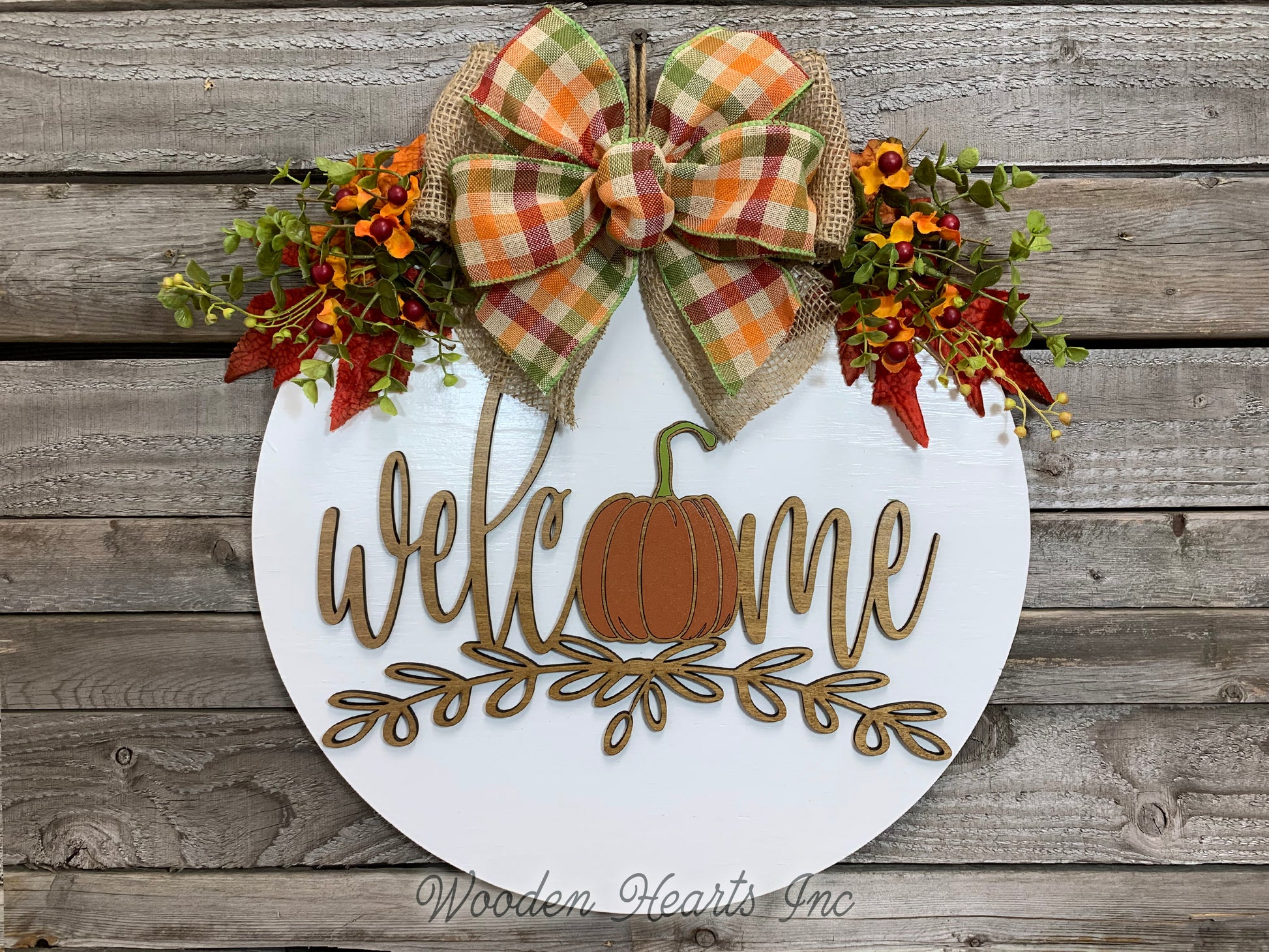 FALL Door hanger Wreath WELCOME Pumpkin Wood Round Sign 16" 3D Wood Lettering Bow  Leaves - Wooden Hearts Inc