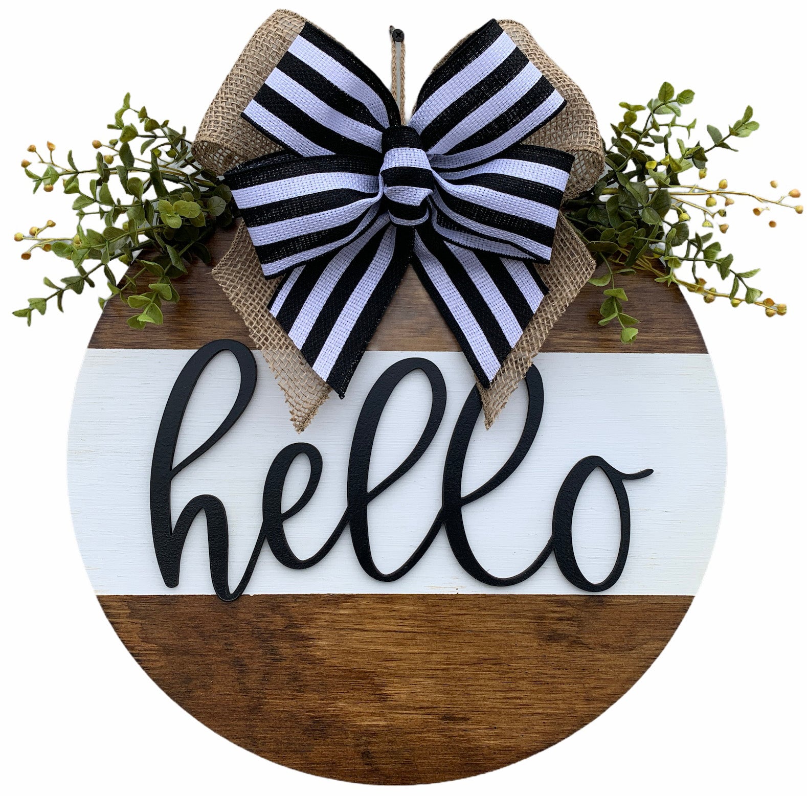 Hello Door Hanger with STRIPE Wreath 16" Everyday All year Round Sign - Wooden Hearts Inc