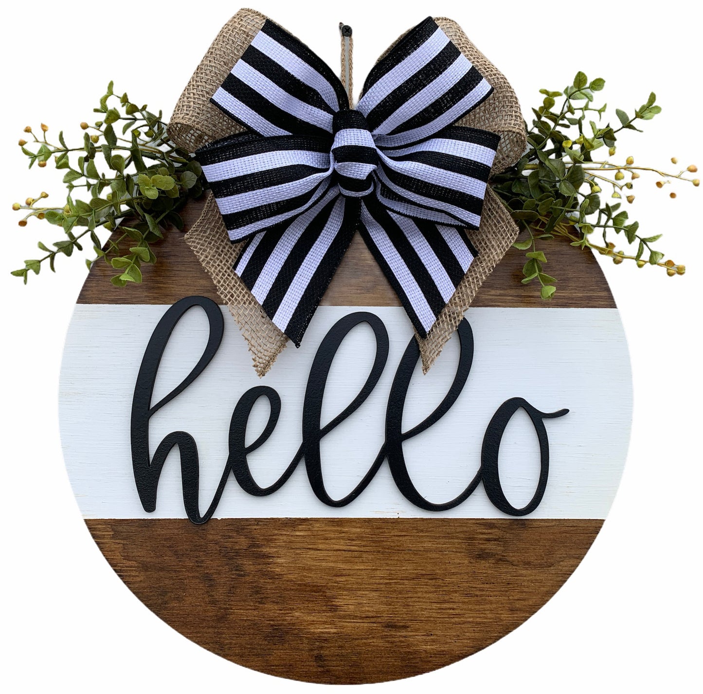 Hello Door Hanger with STRIPE Wreath 16" Everyday All year Round Sign - Wooden Hearts Inc