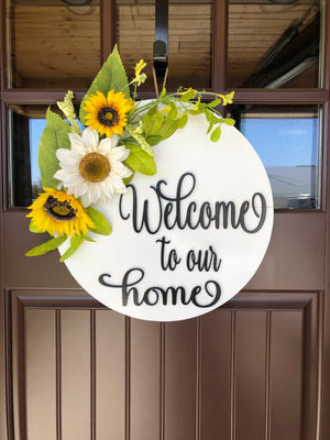 Sunflower 16" Round Door Sign,  Welcome to our home - Wooden Hearts Inc
