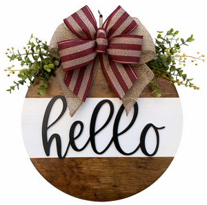 Hello Door Hanger with STRIPE Wreath 16" Everyday All year Round Sign - Wooden Hearts Inc