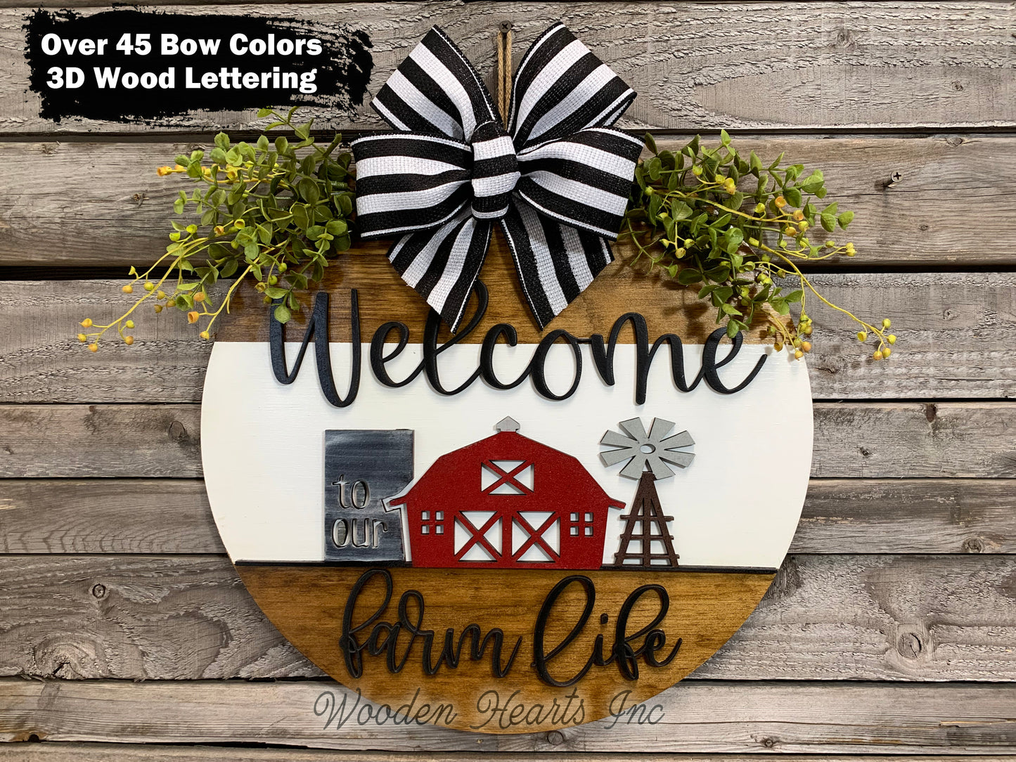 Welcome to our FARM Life Door Hanger with white STRIPE Wreath 16" Everyday All year Round Sign - Wooden Hearts Inc