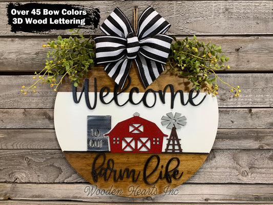 Welcome to our FARM Life Door Hanger with white STRIPE Wreath 16" Everyday All year Round Sign - Wooden Hearts Inc