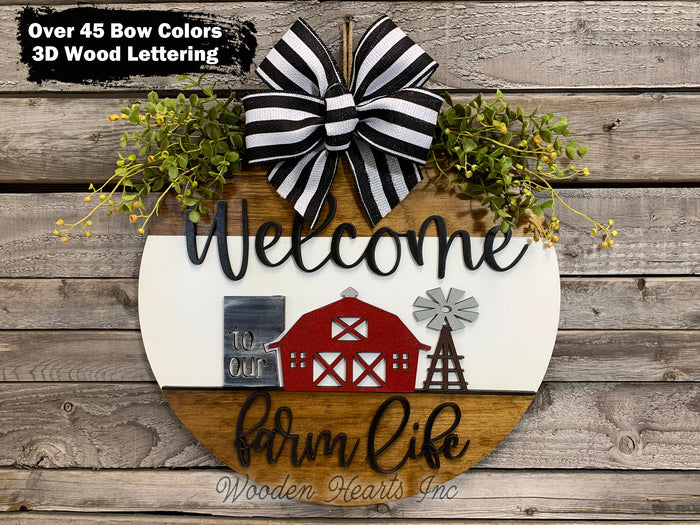 Welcome to our FARM Life Door Hanger with white STRIPE Wreath 16" Everyday All year Round Sign