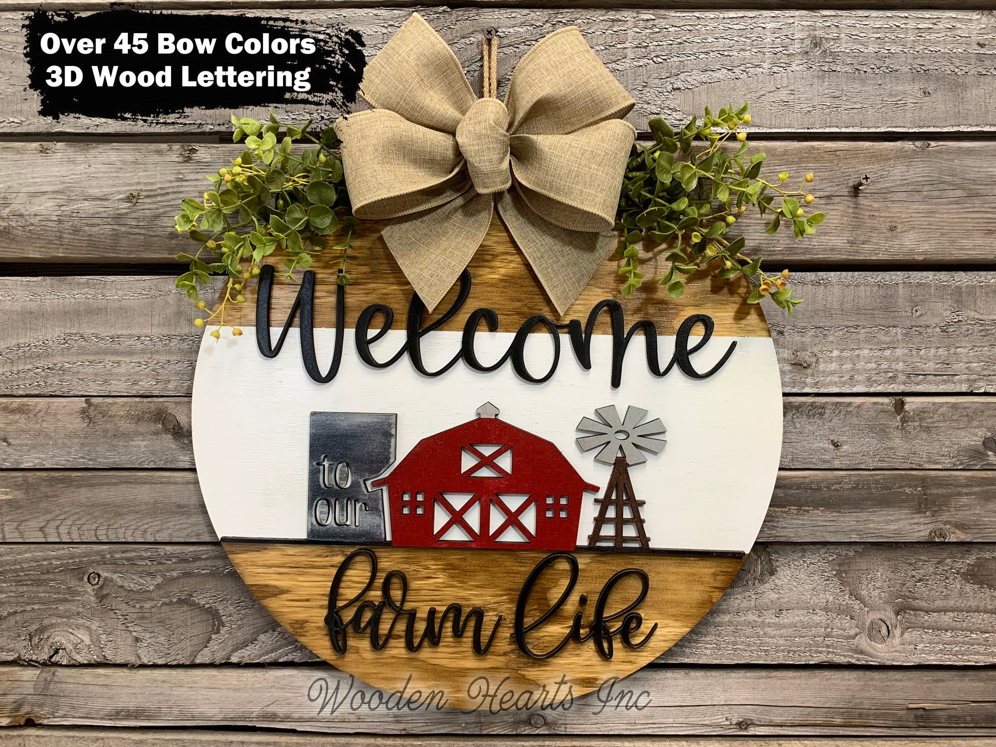 Welcome to our FARM Life Door Hanger with white STRIPE Wreath 16" Everyday All year Round Sign - Wooden Hearts Inc