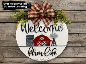Welcome to our FARM Life Door Hanger with white STRIPE Wreath 16" Everyday All year Round Sign - Wooden Hearts Inc