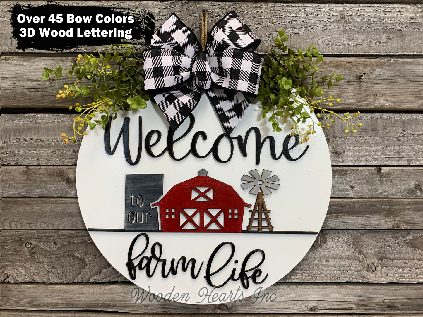 Welcome to our FARM Life Door Hanger with white STRIPE Wreath 16" Everyday All year Round Sign - Wooden Hearts Inc