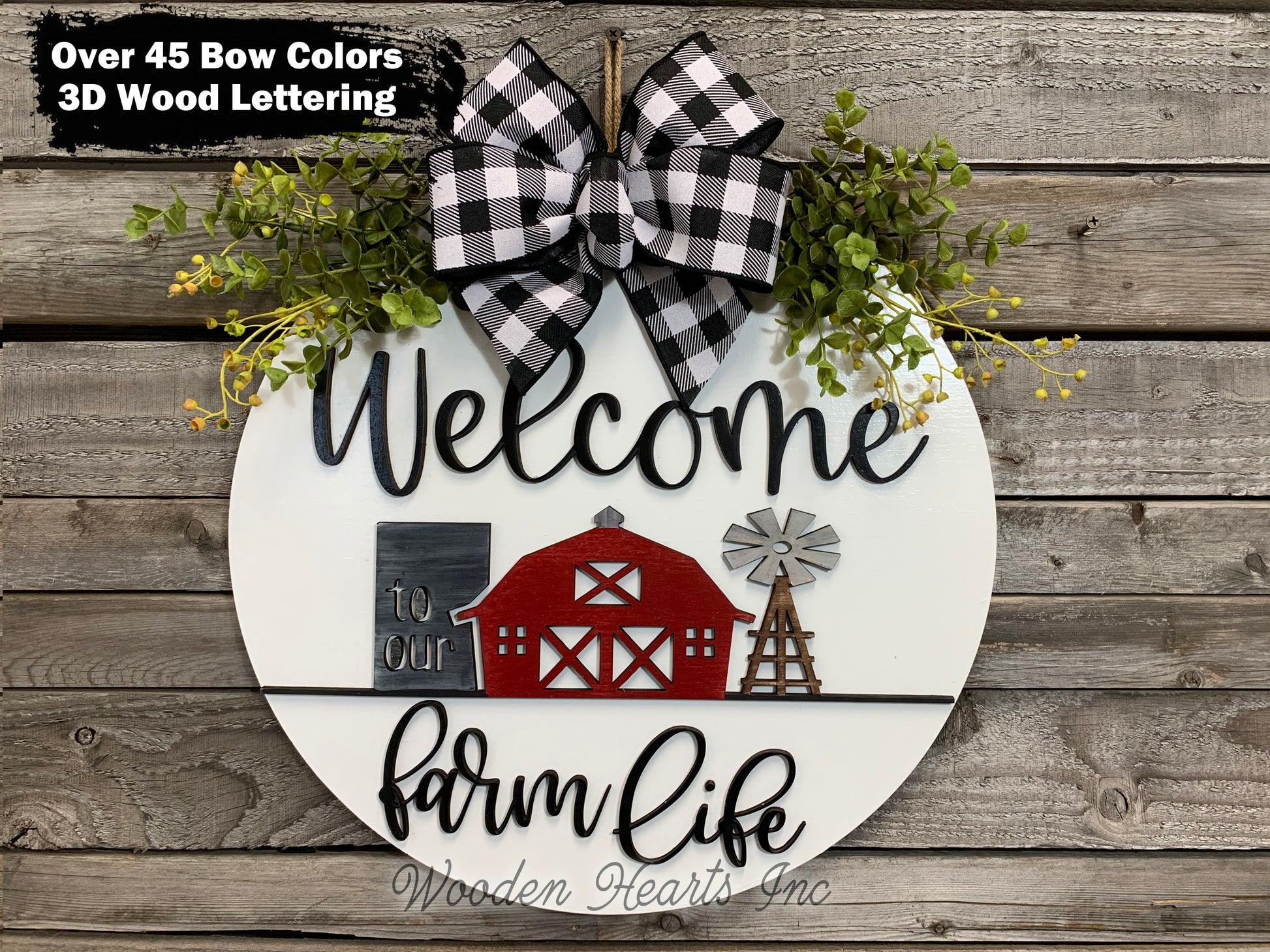 Welcome to our FARM Life Door Hanger with white STRIPE Wreath 16" Everyday All year Round Sign - Wooden Hearts Inc