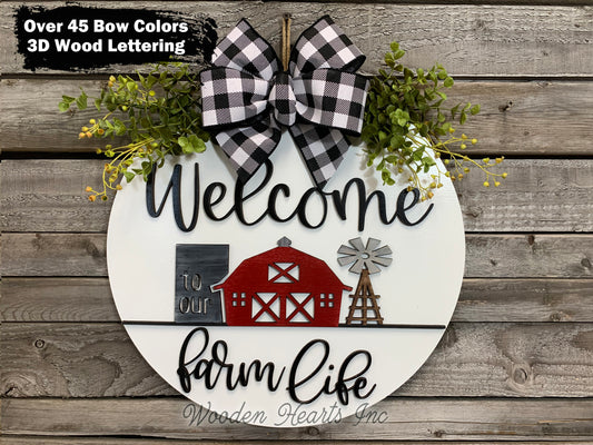 Welcome to our FARM Life Door Hanger with white STRIPE Wreath 16" Everyday All year Round Sign - Wooden Hearts Inc