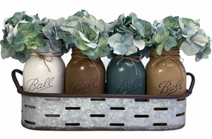 Galvanized Metal Olive Tray with Handles, Farmhouse Table Centerpiece Decor, Jars Flowers Optional - Wooden Hearts Inc