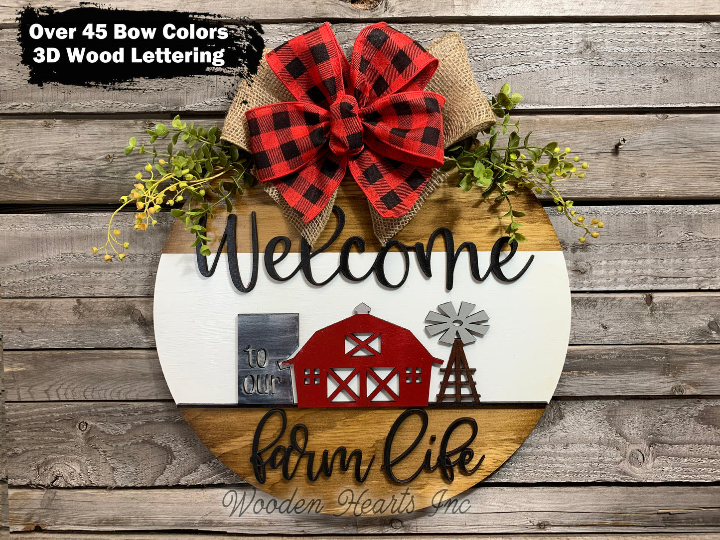 Welcome to our FARM Life Door Hanger with white STRIPE Wreath 16" Everyday All year Round Sign - Wooden Hearts Inc